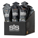 SIS Beta Fuel Gel Box - 30 x 60 ml sabor naranja, caja negra con patrón hexagonal, logotipo SiS y sobres de gel energético ordenados.