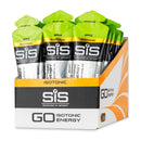 SIS GO Isotonic Energy Gel Box - 30 x 60ml sabor manzana, sobres en caja expositor con diseño de ondas verdes y naranjas sobre fondo blanco.