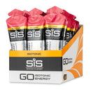 SIS GO Isotonic Energy Gel Box - 30 x 60ml sabor pomelo rosa, toma de estudio de sobres con tapa rosa en caja dispensadora naranja.