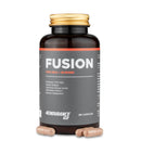 4Endurance Pro Fusion - 90 cápsulas, frasco marrón con tapa dorada, etiqueta gris oscuro con acentos rojos y beneficios listados.