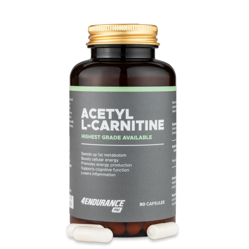 4Endurance Pro Acetyl-L-Carnitine - 90 cápsulas, frasco ámbar oscuro con tapa dorada y etiqueta de franjas verdes sobre fondo blanco.