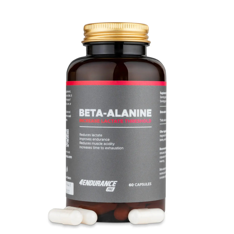 4Endurance Pro Beta-alanine - 60 cápsulas, frasco blanco con tapa negra y etiqueta con resaltados rojos sobre fondo blanco.