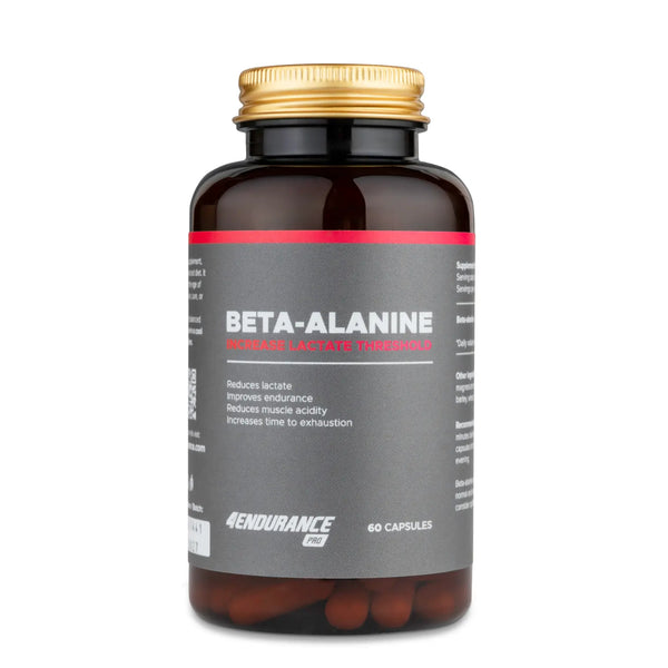 4Endurance Pro Beta-alanine - 60 cápsulas, frasco blanco con tapa negra y etiqueta con resaltados rojos sobre fondo blanco.