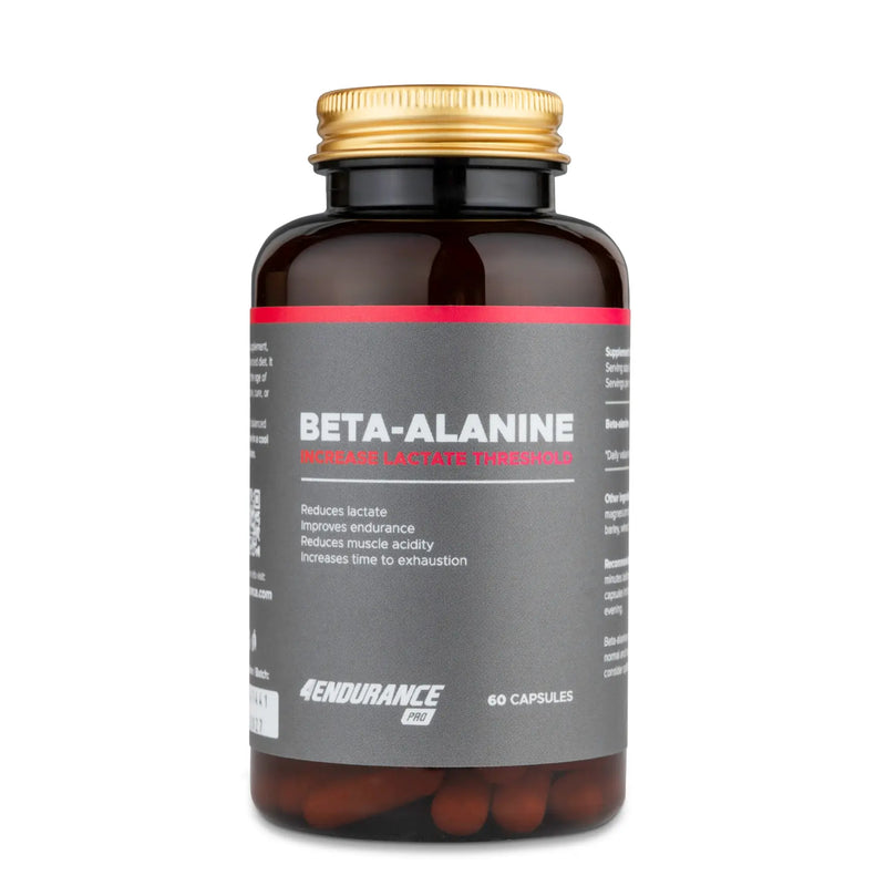 4Endurance Pro Beta-alanine - 60 cápsulas, frasco blanco con tapa negra y etiqueta con resaltados rojos sobre fondo blanco.