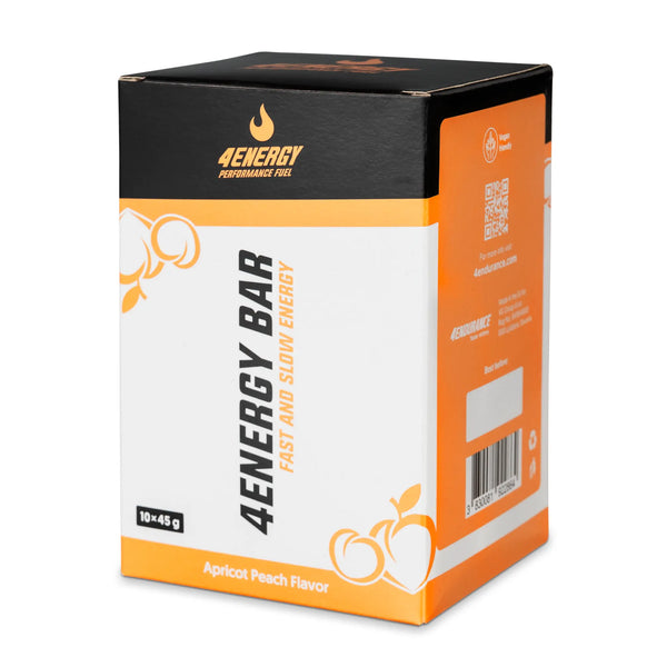 4Energy 4Energy Bar Box - 10 x 45 g sabor albaricoque y melocotón, envase apto para veganos con ilustraciones de albaricoque y melocotón y código QR.