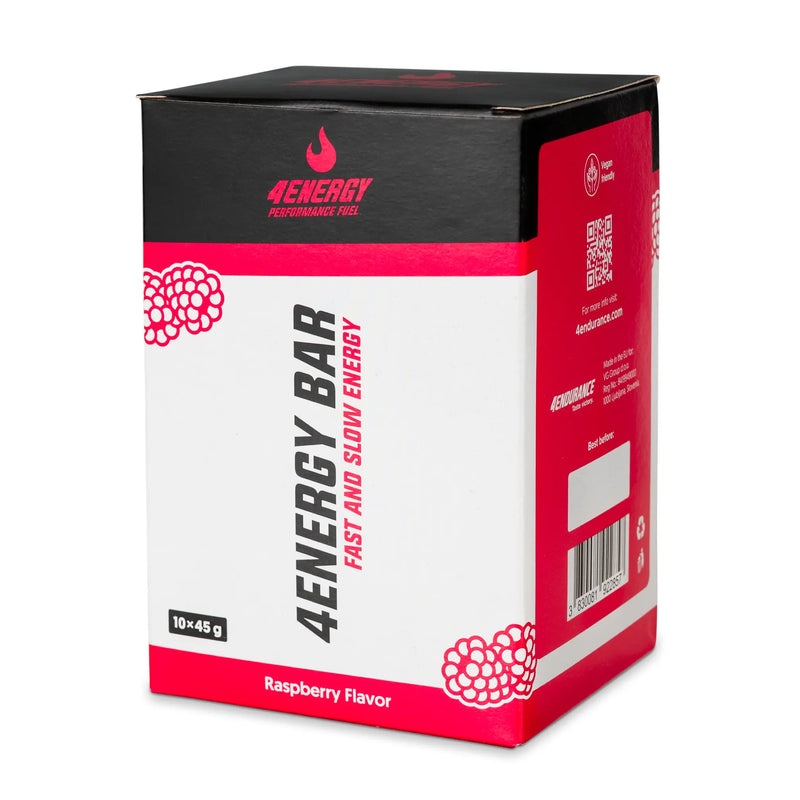 4Energy 4Energy Bar Box - 10 x 45g sabor frambuesa, envase rojo y negro con ilustraciones de frambuesa sobre fondo blanco.