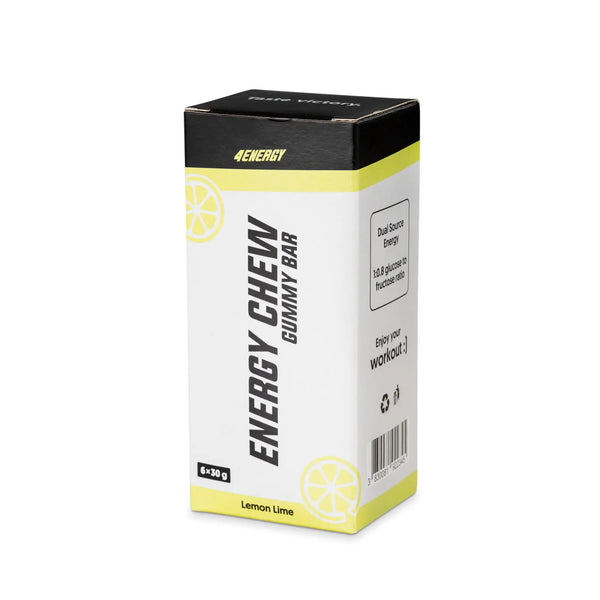 4Energy Energy Chew Box - 6 x 30 g limón y lima, dos barritas gomosas translúcidas amarillas con envase de limón y lima sobre fondo blanco.
