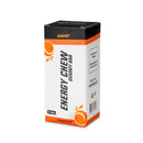 4Energy Energy Chew Box - 6 x 30 g naranja, caja inclinada y barritas gomosas naranjas de tres segmentos sobre fondo blanco.