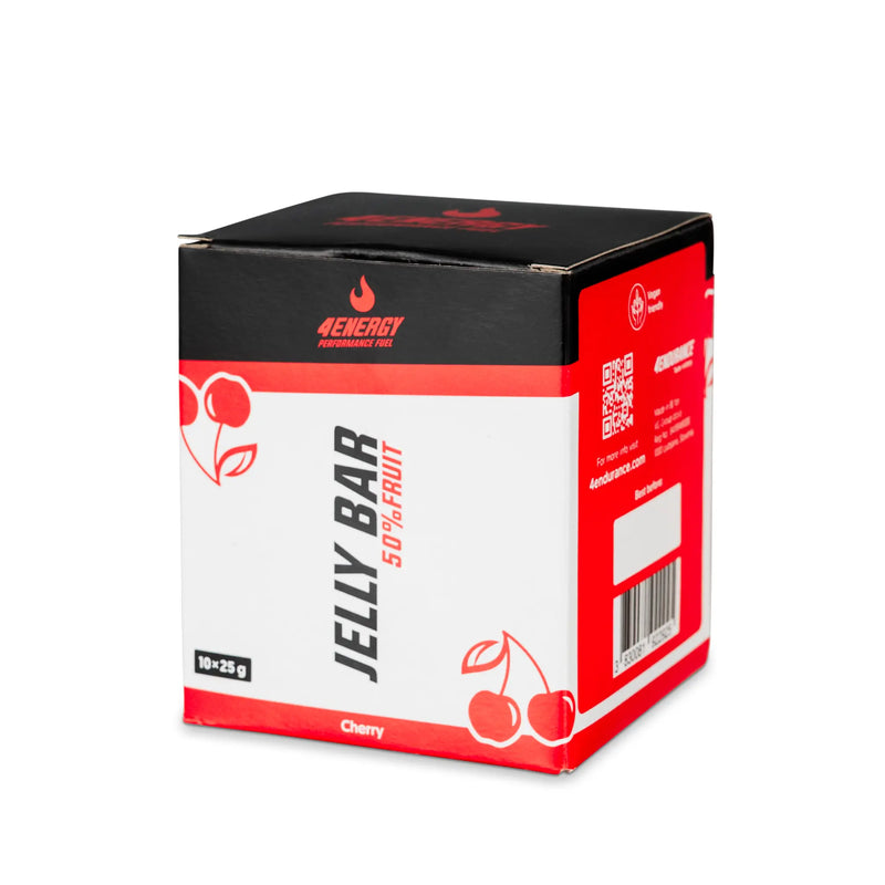 4Energy Jelly Bar Box - 10 x 25 g sabor cereza, toma aislada del envase con diseño rojo y blanco e ilustración de cereza.