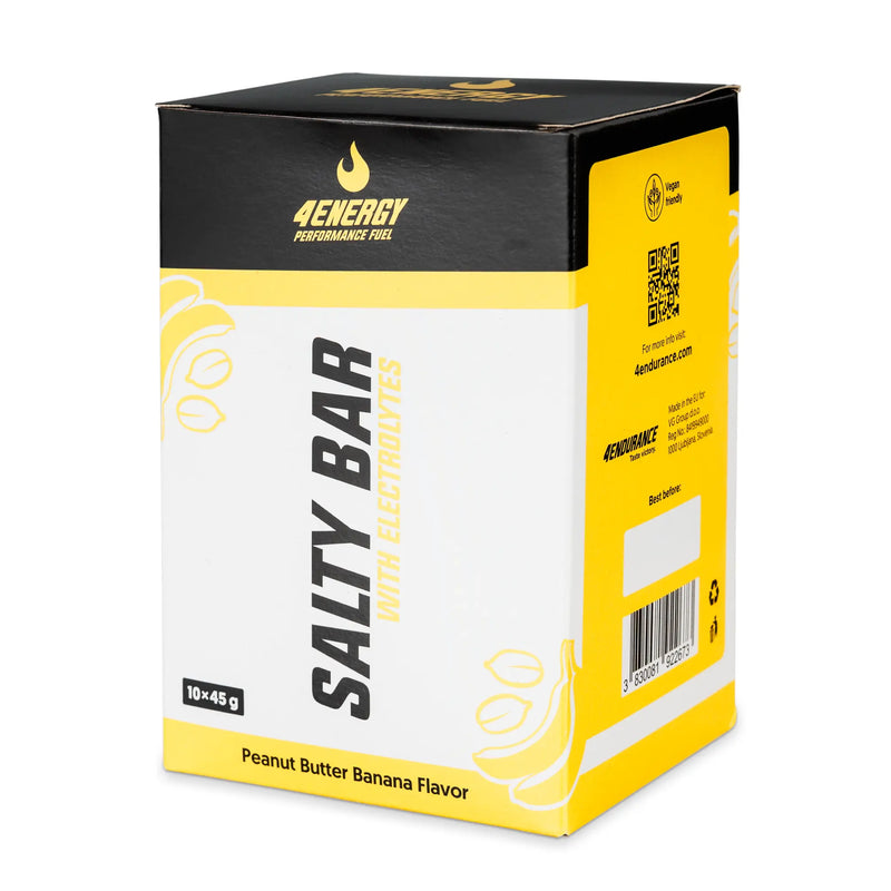 4Energy Salty Bar - 45 g sabor mantequilla de cacahuete y plátano, paquete amarillo de electrolitos sobre fondo blanco con texto negro.