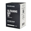 Nduranz Training Bar 30 Box - 10 x 45g sabor chocolate blanco y canela, caja negra y blanca con código QR e iconos deportivos.