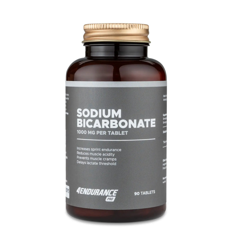 4Endurance Pro Sodium Bicarbonate - 90 tabletas, pack de 90 tabletas en frasco marrón con tapa dorada sobre fondo blanco con texto de la etiqueta visible.