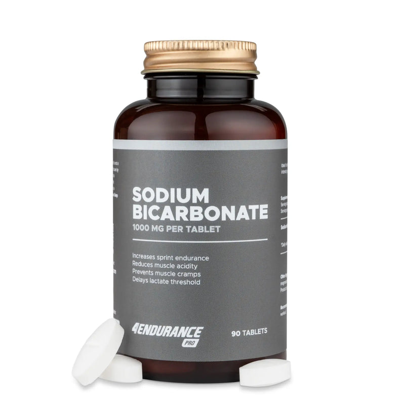 4Endurance Pro Sodium Bicarbonate - 90 tabletas, pack de 90 tabletas en frasco marrón con tapa dorada sobre fondo blanco con texto de la etiqueta visible.