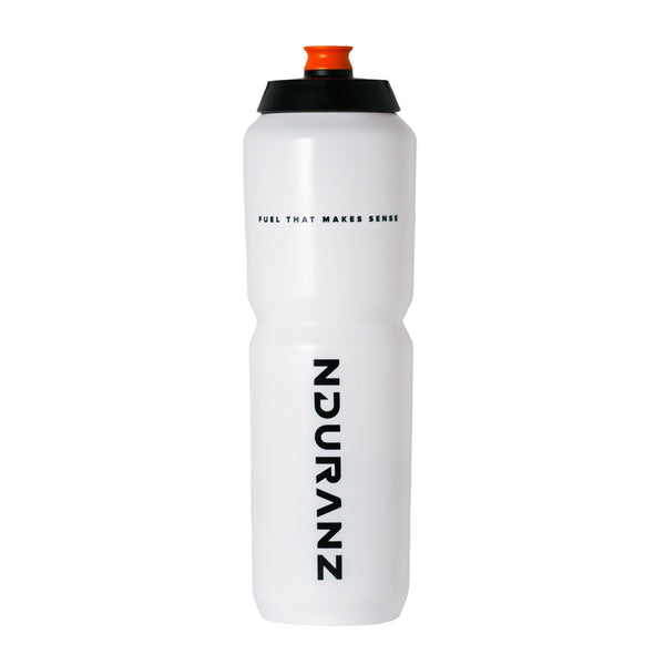 Nduranz Sports Bottle (750 ml) white tall cylindrical design with black text, orange spout, and black cap on white background.