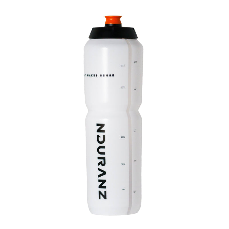 Nduranz Sports Bottle (1000 ml) with black lid, white body, orange spout, tall cylindrical shape, and “FUEL THAT MAKES SENSE” text.