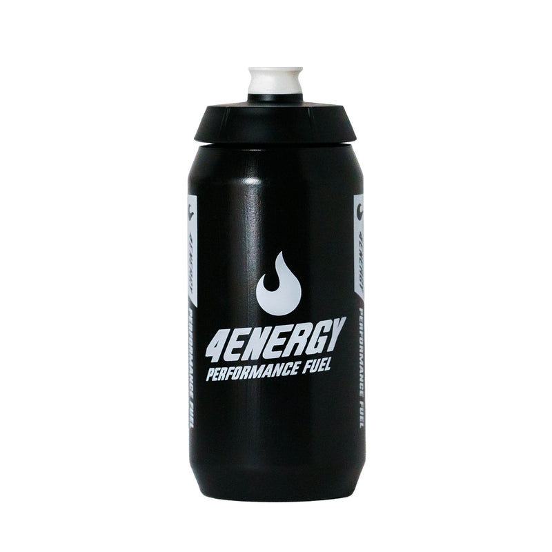 4Energy Sports Bottle 4Energy - 550 ml white flavor, black bottle with black lid, red flame icon, black brand text on white background.