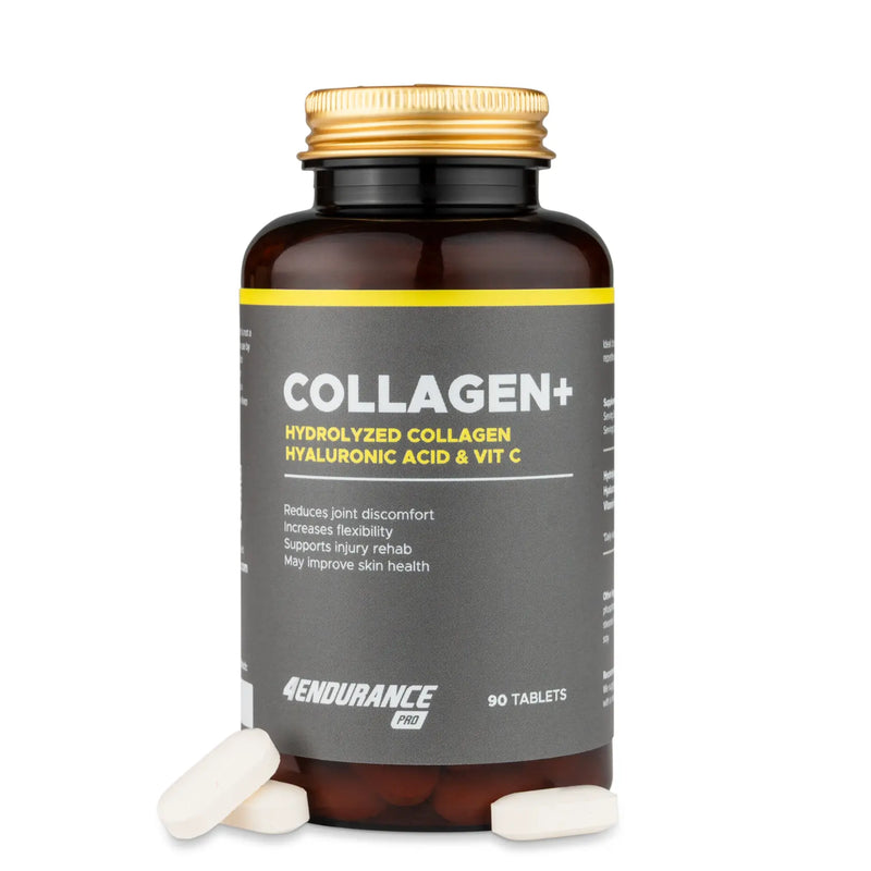 4Endurance Pro Collagen+ - 90 comprimidos Collagen+, frasco marrón con tapa dorada, etiqueta blanca con banda amarilla sobre fondo blanco.
