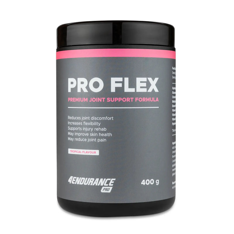 4Endurance Pro Flex - 400 g sabor tropical, fórmula de apoyo articular, envase negro con franja rosa sobre fondo blanco.