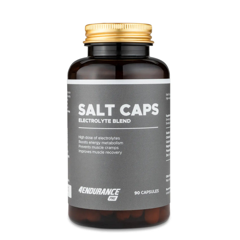 4Endurance Pro Salt Caps - 90 cápsulas, frasco marrón con tapa dorada y etiqueta gris que muestra los beneficios de la mezcla de electrolitos.