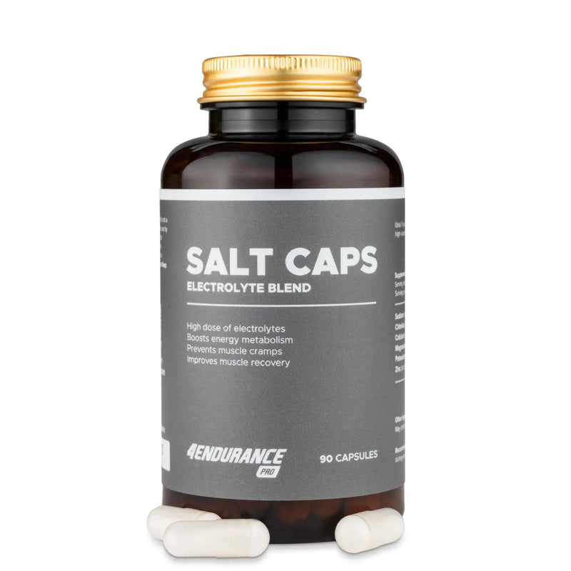 4Endurance Pro Salt Caps - 90 cápsulas, frasco marrón con tapa dorada y etiqueta gris que muestra los beneficios de la mezcla de electrolitos.
