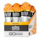 SIS GO Isotonic Energy Gel Box - 30 x 60ml sabor tropical, sobres con tapa naranja dentro de caja de marca sobre fondo blanco.