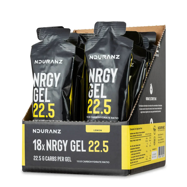 Nduranz Nrgy Gel 22.5 Box - 18 x 66 g sabor limón, caja abierta por arriba con sobres negros con texto amarillo y blanco sobre fondo blanco.