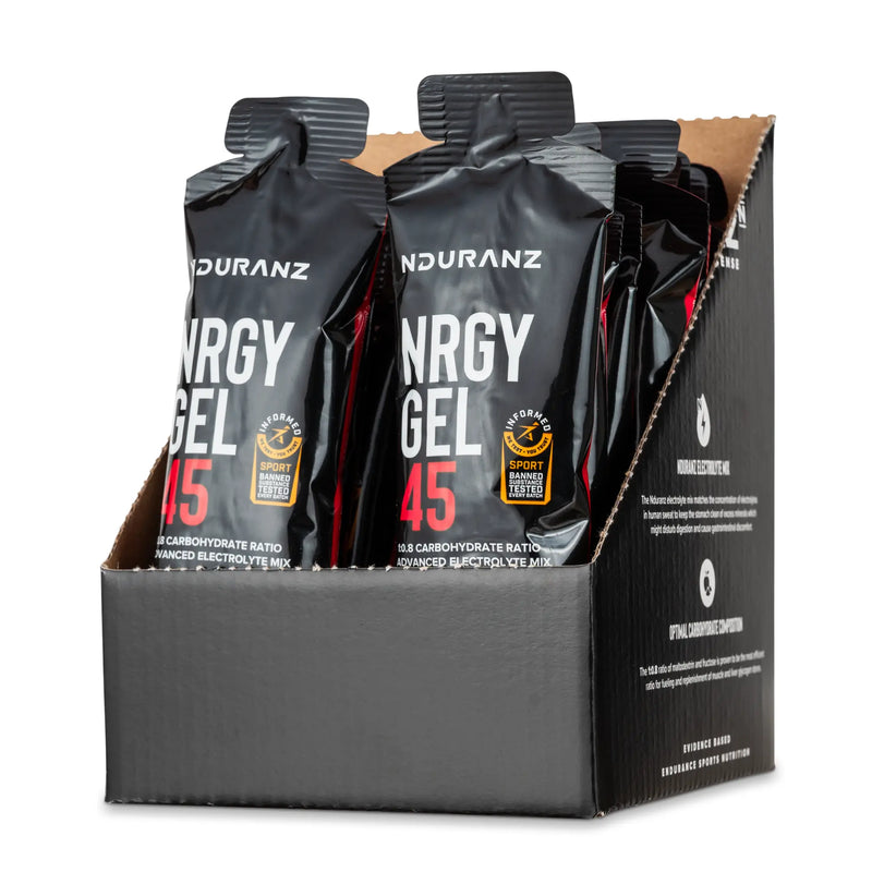 Nduranz Nrgy Gel 45 Box - 16 x 75 g sabor fresa, envases negros y naranjas en caja de cartón expositor sobre fondo blanco.
