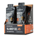 Nduranz Nrgy Gel 45 Box - 16 x 75 g sabor naranja, envases negros y naranjas en caja de cartón expositor con fondo blanco.