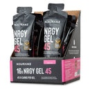 Nduranz Nrgy Gel 45 Box - 16 x 75 g sabor tropical, sobres negros con logotipos en caja expositor con acentos rosa sobre fondo neutro.