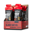 Nduranz Nrgy Gel 45 with Caffeine Box - 16 x 75g sabor cereza, caja expositor abierta con sobres con tapa roja y diseño negro y rojo.