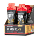Nduranz Nrgy Gel 45 with Caffeine Box - 16 x 75g sabor mango, sobres rojos y negros en caja expositor sobre fondo blanco.