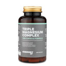 4Endurance Pro Triple Magnesium Complex - 60 cápsulas, frasco marrón con tapa dorada, etiqueta gris, cápsulas rojas visibles.