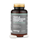 4Endurance Pro Triple Magnesium Complex - 60 cápsulas, frasco marrón con tapa dorada, etiqueta gris, cápsulas rojas visibles.