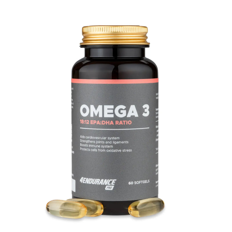 4Endurance Pro Omega-3 - 60 cápsulas blandas, frasco marrón oscuro con tapa amarilla y etiqueta naranja-blanca sobre fondo blanco.