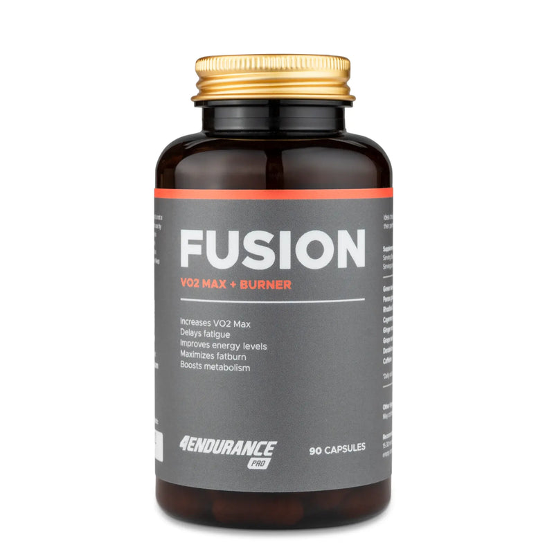 4Endurance Pro Fusion - 90 cápsulas, frasco marrón con tapa dorada, etiqueta gris oscuro con acentos rojos y beneficios listados.