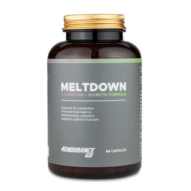 4Endurance Pro Meltdown - 84 cápsulas, frasco marrón oscuro con tapa dorada, etiqueta gris con texto resaltado en verde y púrpura.