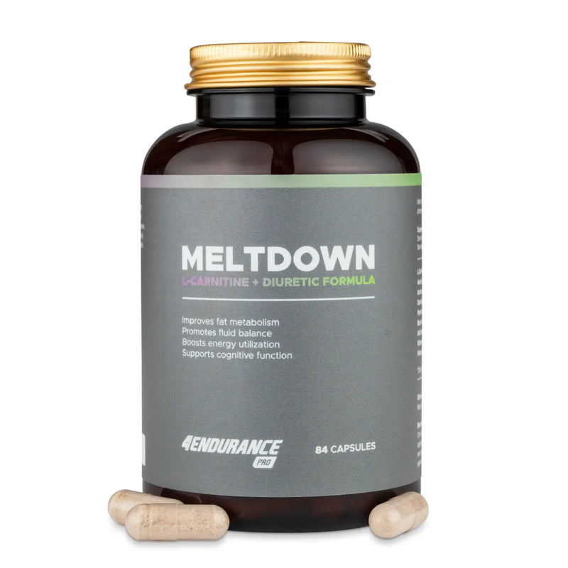 4Endurance Pro Meltdown - 84 cápsulas, frasco marrón oscuro con tapa dorada, etiqueta gris con texto resaltado en verde y púrpura.