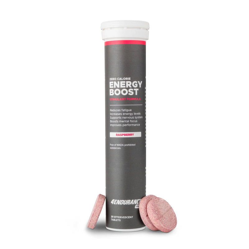 4Endurance Pro Energy Boost - 20 comprimidos efervescentes sabor frambuesa, tubo negro con texto blanco y rojo sobre fondo blanco.