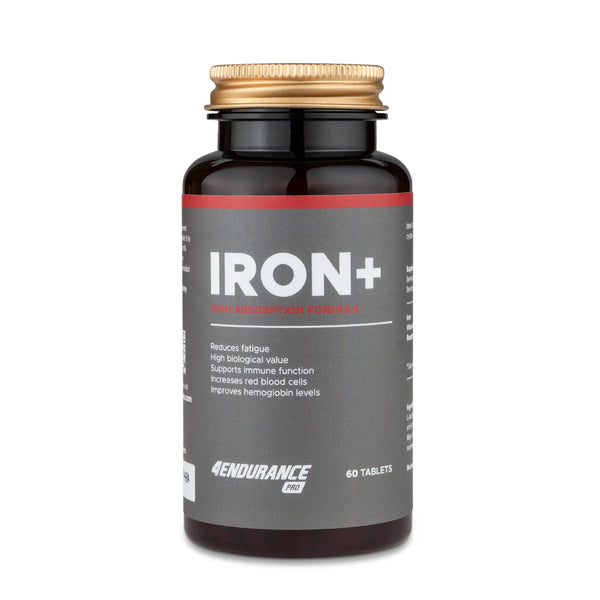 4Endurance Pro Iron+ - 60 cápsulas, frasco negro con tapa dorada y banda de etiqueta roja, apoya la función inmunológica y reduce la fatiga.