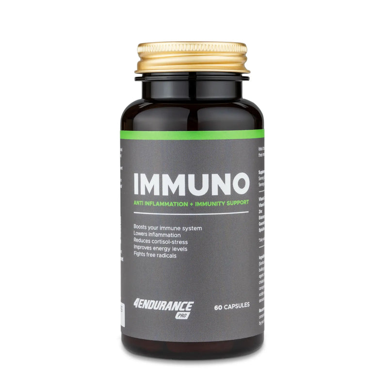 4Endurance Pro Immuno - 60 cápsulas, frasco marrón con tapa dorada y banda de etiqueta verde sobre fondo blanco, texto de apoyo inmunológico.