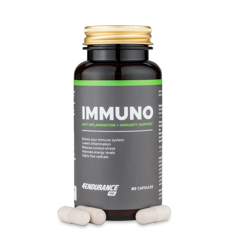 4Endurance Pro Immuno - 60 cápsulas, frasco marrón con tapa dorada y banda de etiqueta verde sobre fondo blanco, texto de apoyo inmunológico.