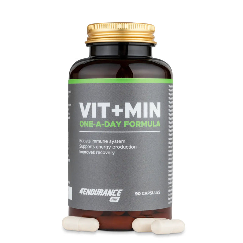 4Endurance Pro Vit+Min - 90 cápsulas, frasco marrón con tapa dorada y etiqueta gris con texto verde y blanco sobre fondo blanco.