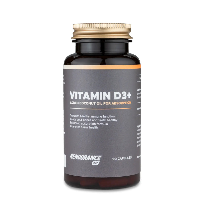 4Endurance Pro Vitamin D3+ - 90 cápsulas, frasco plástico ámbar oscuro con tapa dorada y etiqueta gris que muestra los beneficios del suplemento.