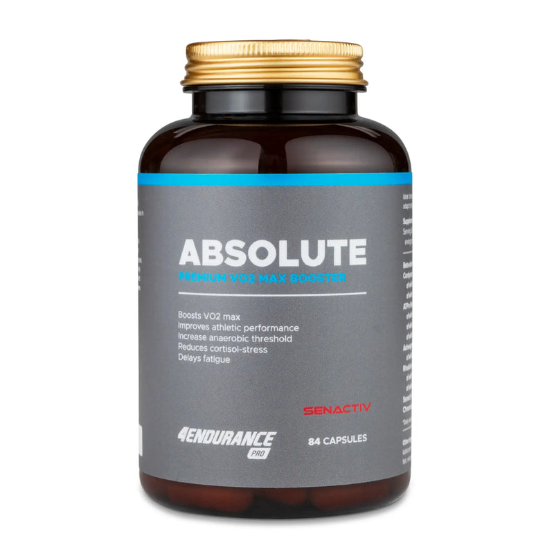 4Endurance Pro Absolute - 84 cápsulas, frasco marrón con tapa dorada y etiqueta azul‑negra sobre fondo blanco.