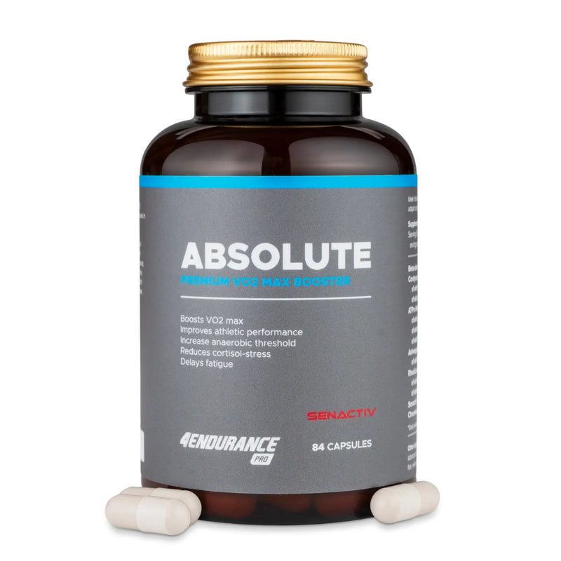 4Endurance Pro Absolute - 84 cápsulas, frasco marrón con tapa dorada y etiqueta azul‑negra sobre fondo blanco.
